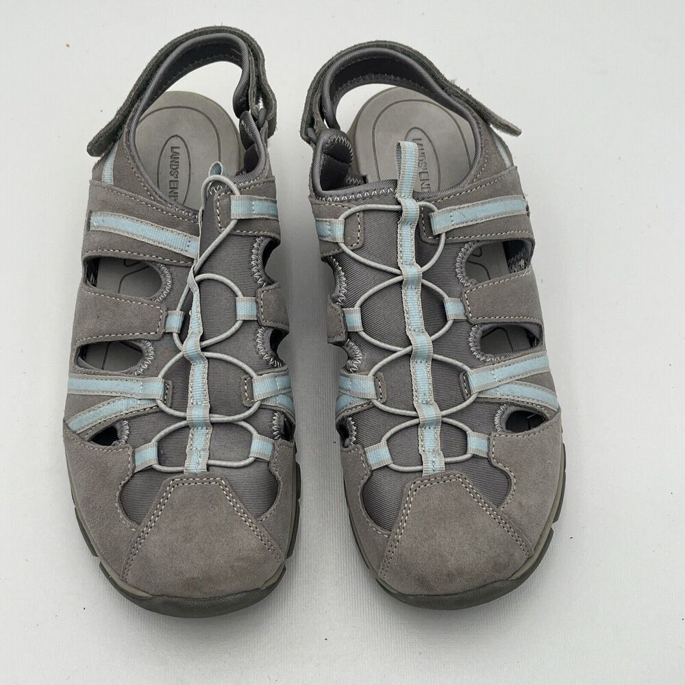 Lands End Women’s 11 Water Shoes Gray Hiking Bungee Ankle Strap Sandals 508527